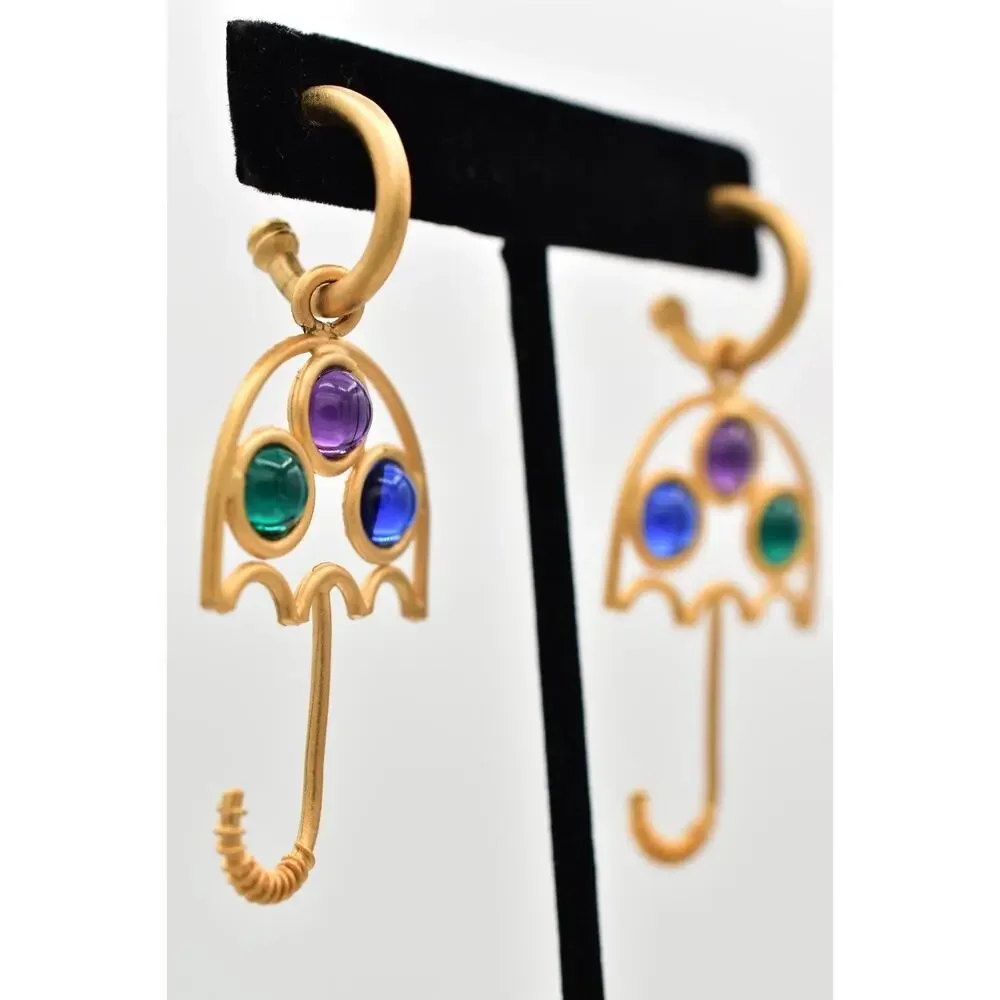 Vintage Cabochon Umbrella Dangle Earrings Brushed Gold Matte NOS 1980s BinBK